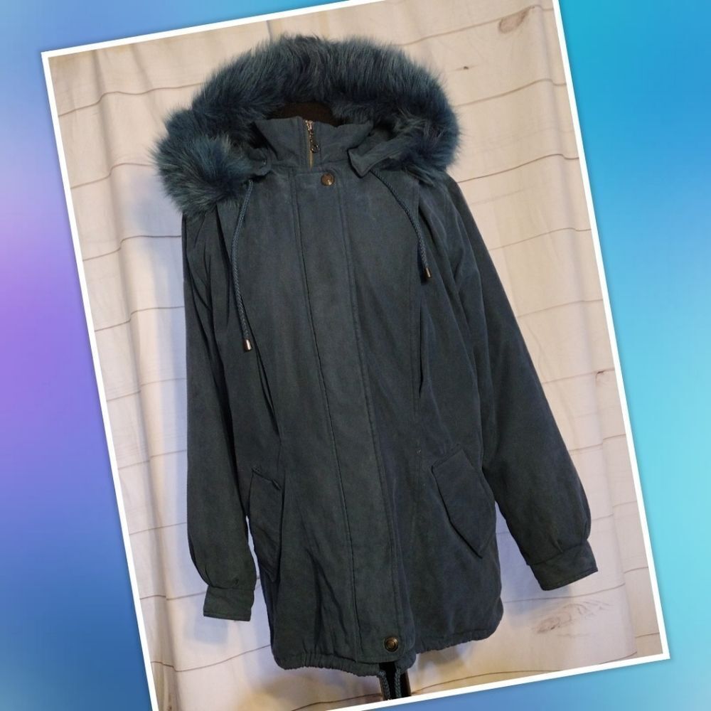ST. John's Bay Romolite Faux Suede Coat Large With Removable Hood Trimmed In Fox